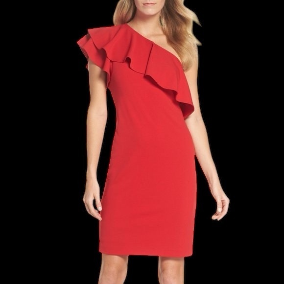 Vince Camuto Dresses & Skirts - Vince Camuto Red One Shoulder Ruffle Sheath Dress Red Wedding Stretch Sz 10